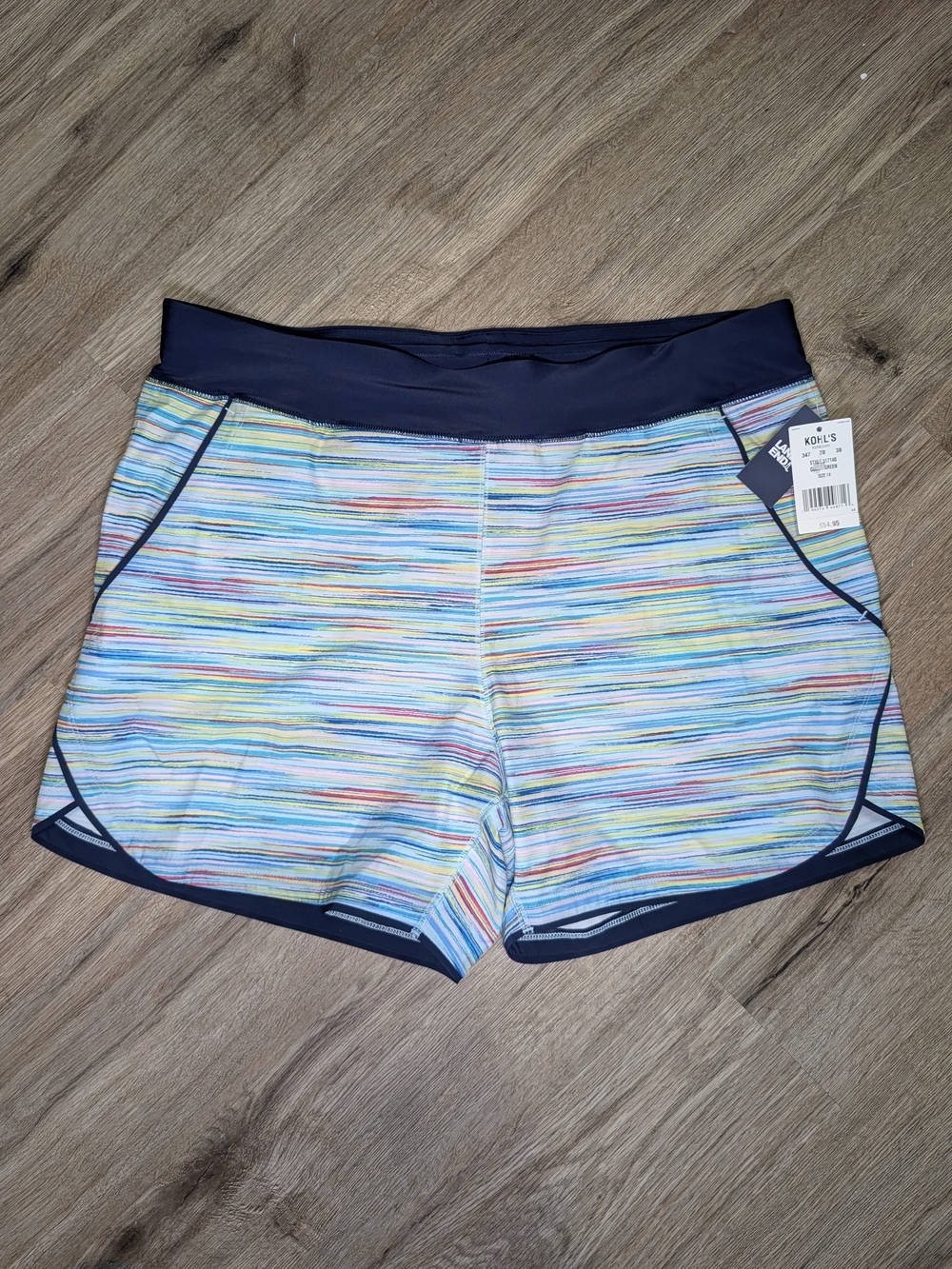Lands' End Navy Multi-Color Stripe Swim Shorts Quick Dry Stretch Womens 14